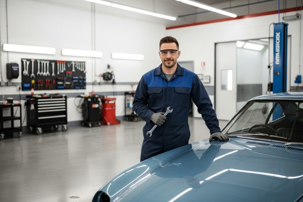 Una immagine di una carrozzeria pulita con un carrozziere che guarda la telecamera. piu vicina e senza loghi